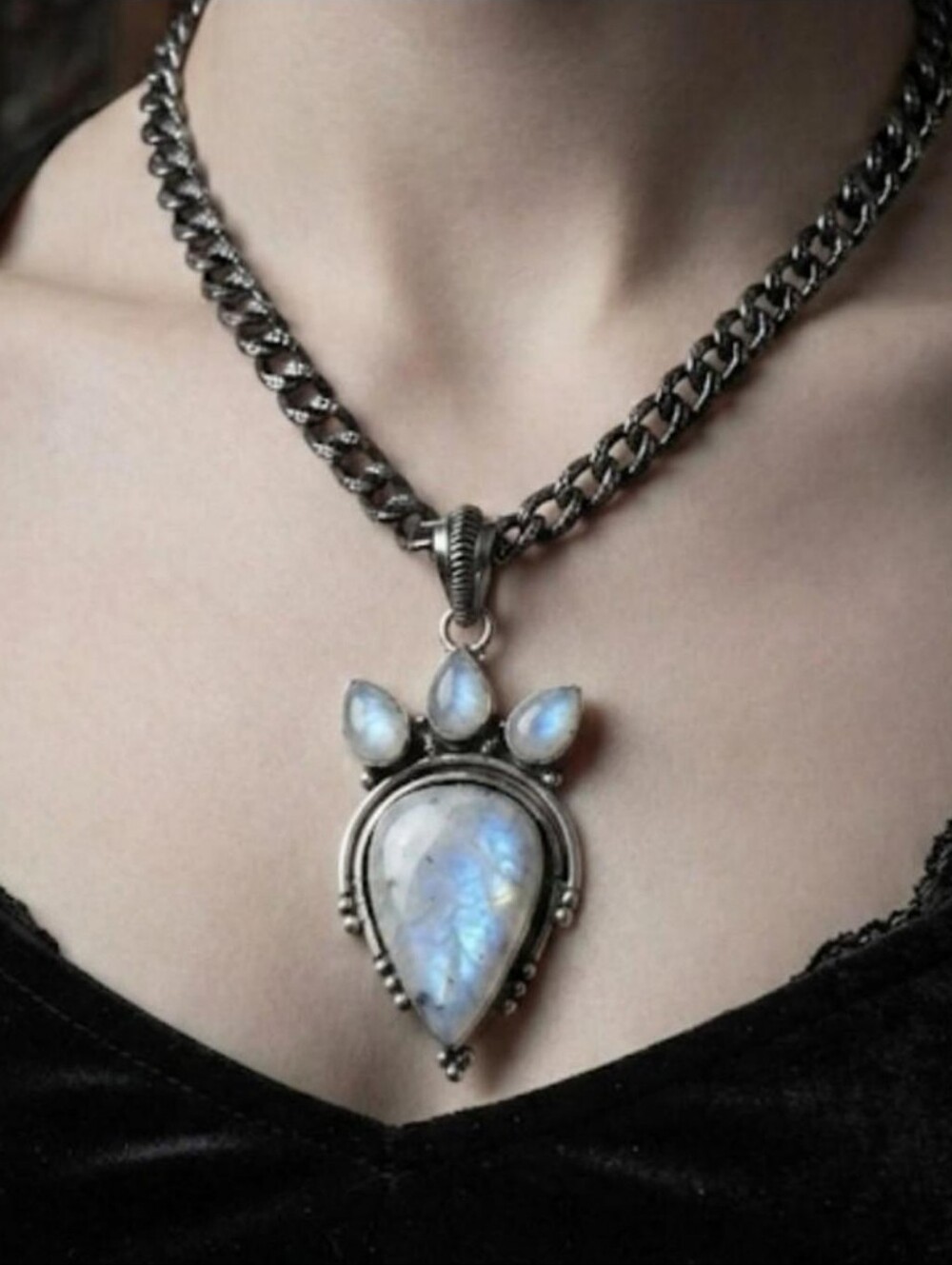 NEW🌙Large Moonstone Pendant 925 Sterling Silver Triple Moonstone Crown FLASHY